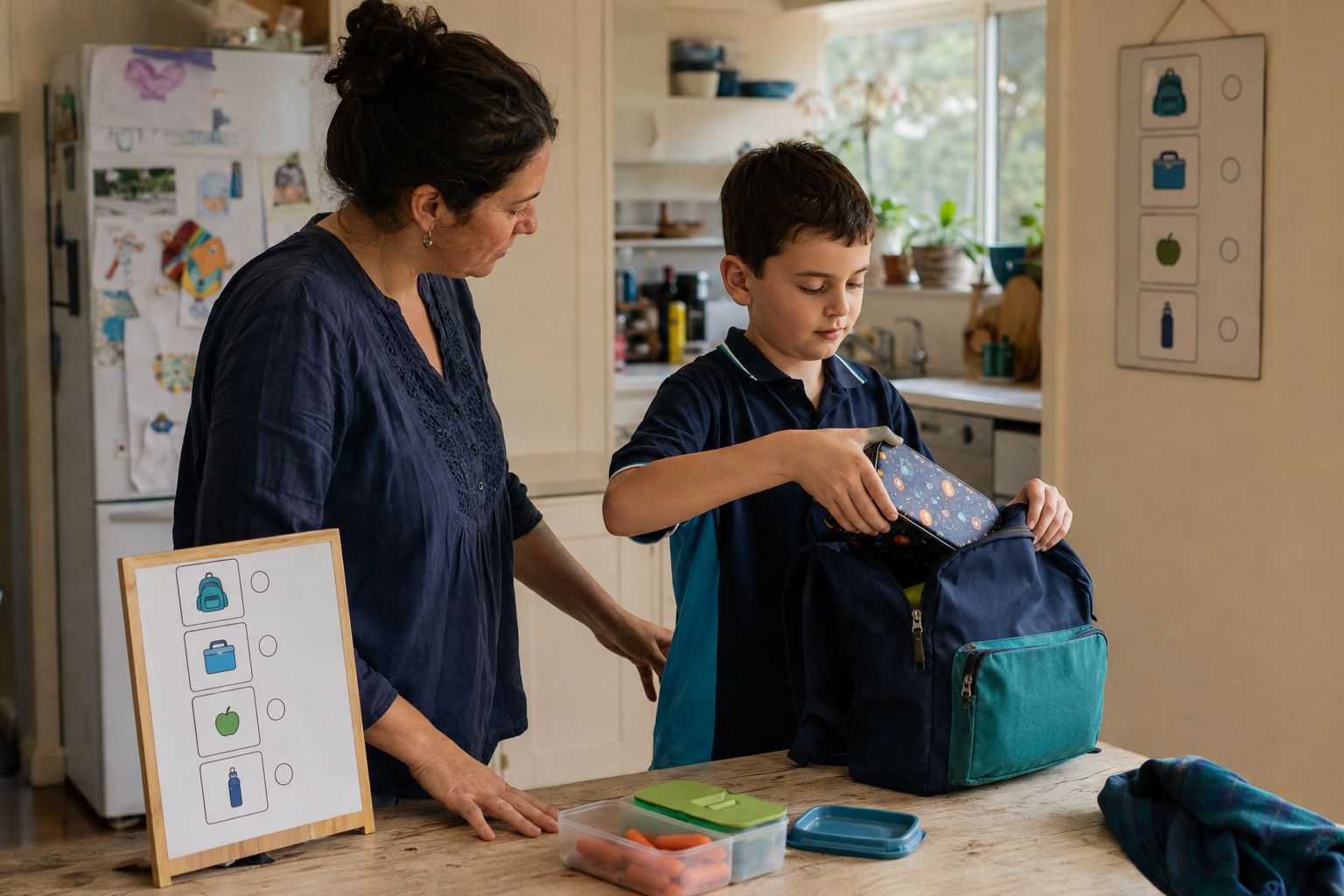 A parent and child preparing a school bag and lunch together at home